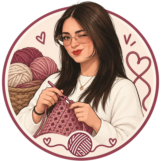 Logo de Al Punto Paz: ilustración de una tejedora con anteojos y suéter blanco tejiendo al crochet, junto a una canasta de ovillos